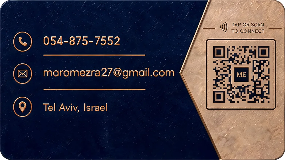 הצד האחורי של כרטיס הביקור: 054-875-7552, maromezra27@gmail.com, תל אביב, וקוד QR עם הכיתוב Tap or scan to connect